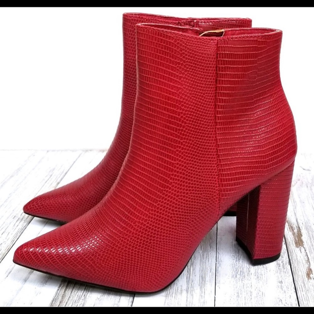 NWOT Red Snakeskin Block Heel Point Toe Ankle Boots